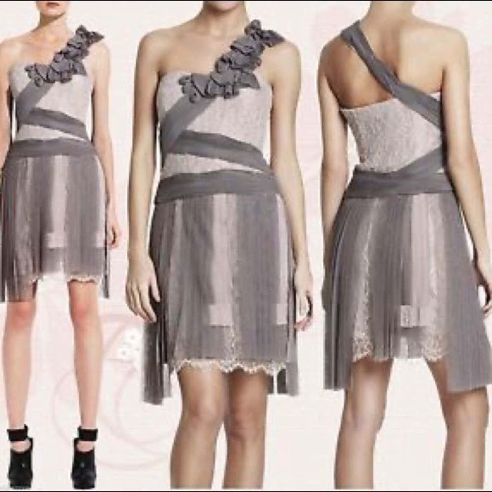 BCBGMaxAzria One Shoulder Dress in Gray and Cream